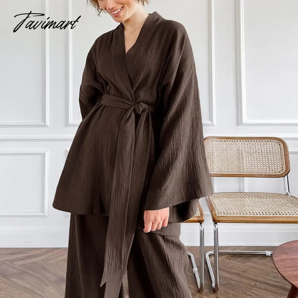 Women Pajamas Solid Color Cotton Breathable Sweat Clothes Tie-Up Two Piece Set Autumn French Loose Nightgown Trousers Suits
