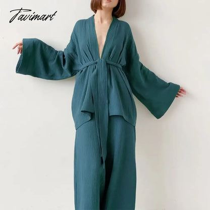 Women Pajamas Solid Color Cotton Breathable Sweat Clothes Tie-Up Two Piece Set Autumn French Loose Nightgown Trousers Suits