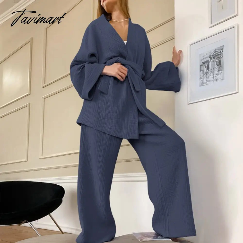 Women Pajamas Solid Color Cotton Breathable Sweat Clothes Tie-Up Two Piece Set Autumn French Loose Nightgown Trousers Suits