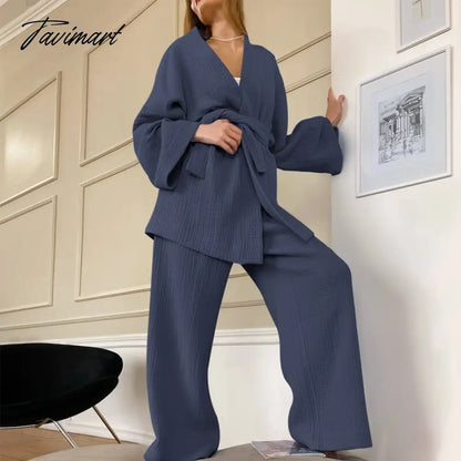 Women Pajamas Solid Color Cotton Breathable Sweat Clothes Tie-Up Two Piece Set Autumn French Loose Nightgown Trousers Suits