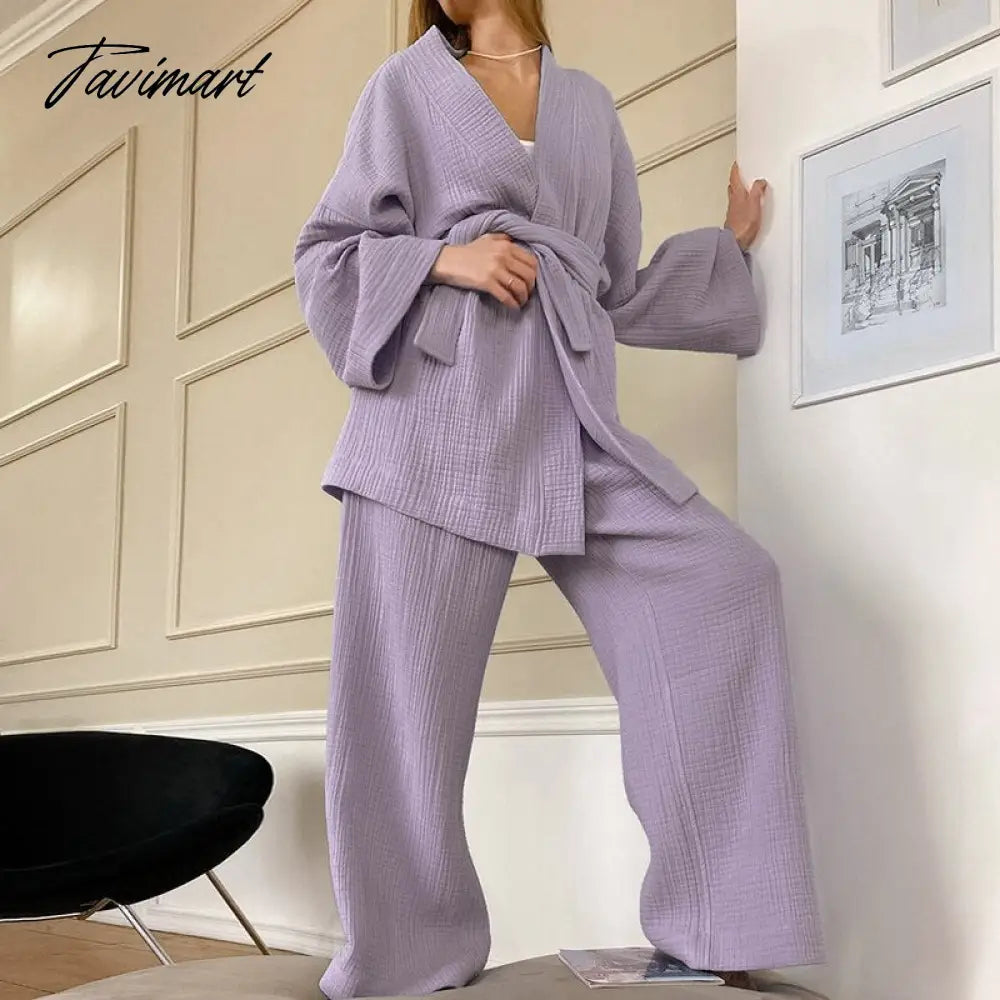 Women Pajamas Solid Color Cotton Breathable Sweat Clothes Tie-Up Two Piece Set Autumn French Loose Nightgown Trousers Suits