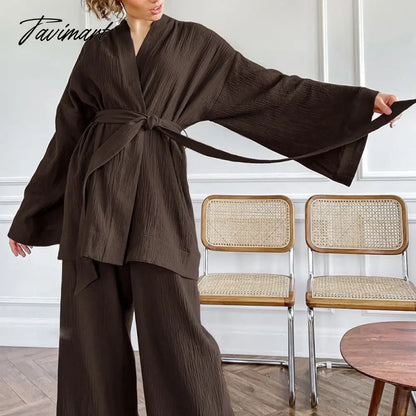 Women Pajamas Solid Color Cotton Breathable Sweat Clothes Tie-Up Two Piece Set Autumn French Loose Nightgown Trousers Suits