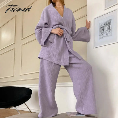 Women Pajamas Solid Color Cotton Breathable Sweat Clothes Tie-Up Two Piece Set Autumn French Loose Nightgown Trousers Suits