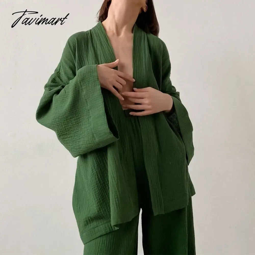 Women Pajamas Solid Color Cotton Breathable Sweat Clothes Tie-Up Two Piece Set Autumn French Loose Nightgown Trousers Suits