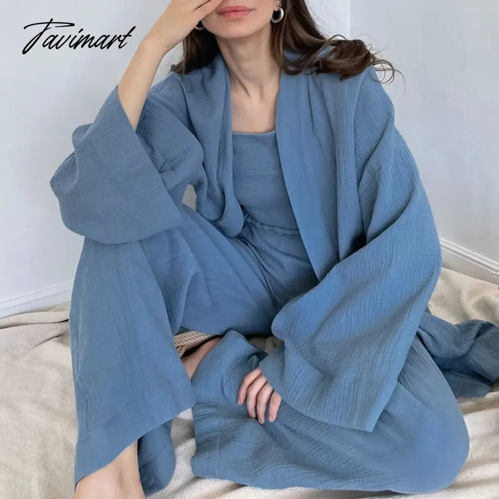 Women Pajamas Solid Color Cotton Breathable Sweat Clothes Tie-Up Two Piece Set Autumn French Loose Nightgown Trousers Suits