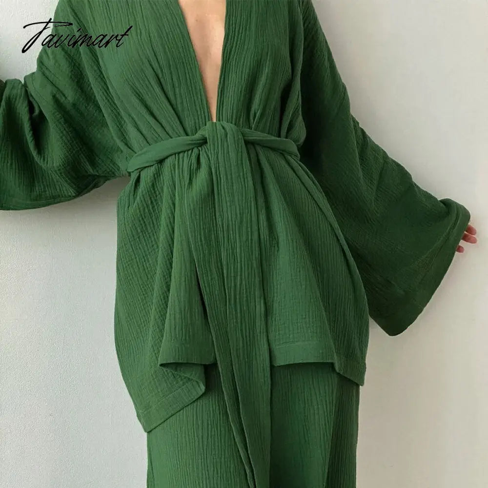 Women Pajamas Solid Color Cotton Breathable Sweat Clothes Tie-Up Two Piece Set Autumn French Loose Nightgown Trousers Suits
