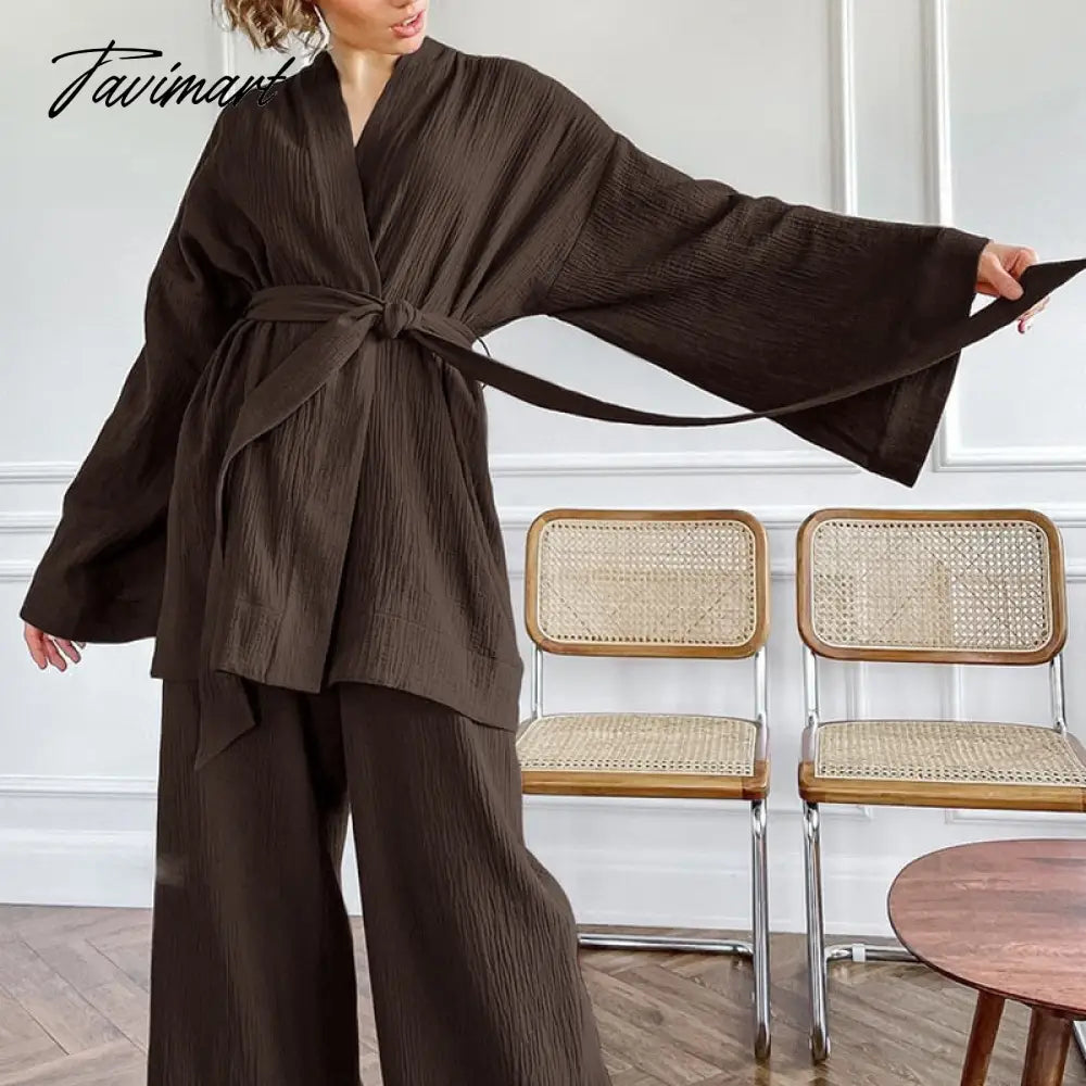 Women Pajamas Solid Color Cotton Breathable Sweat Clothes Tie-Up Two Piece Set Autumn French Loose Nightgown Trousers Suits