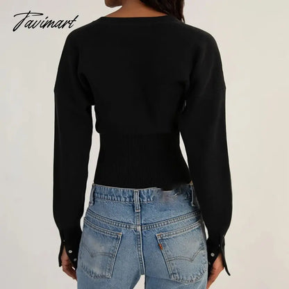Women Ribbed Knit Cardigan T-shirt Long Sleeve O-neck Slim Fit Button Crop Top New Fashion Female Clothes Trendy Streetwear