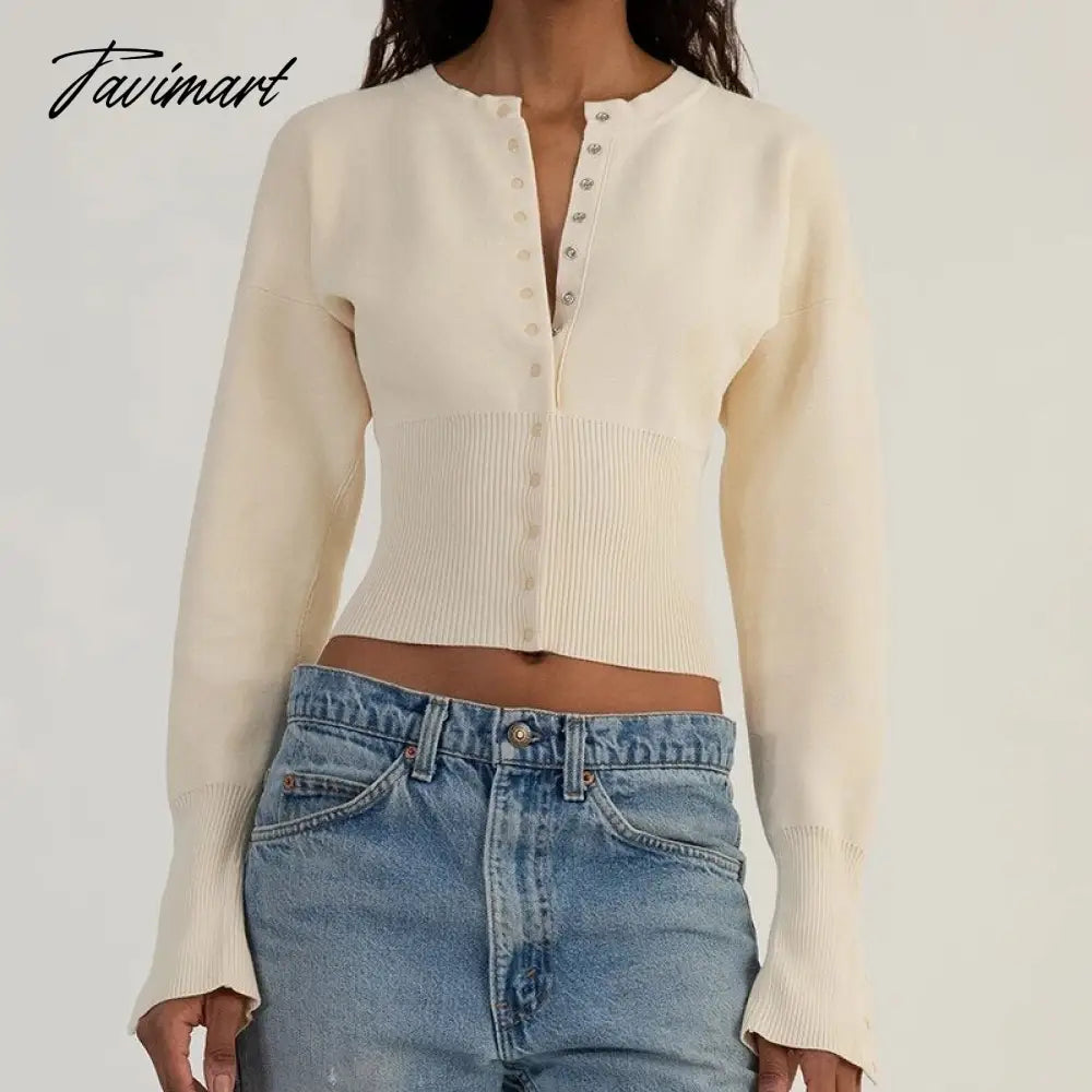 Women Ribbed Knit Cardigan T-shirt Long Sleeve O-neck Slim Fit Button Crop Top New Fashion Female Clothes Trendy Streetwear