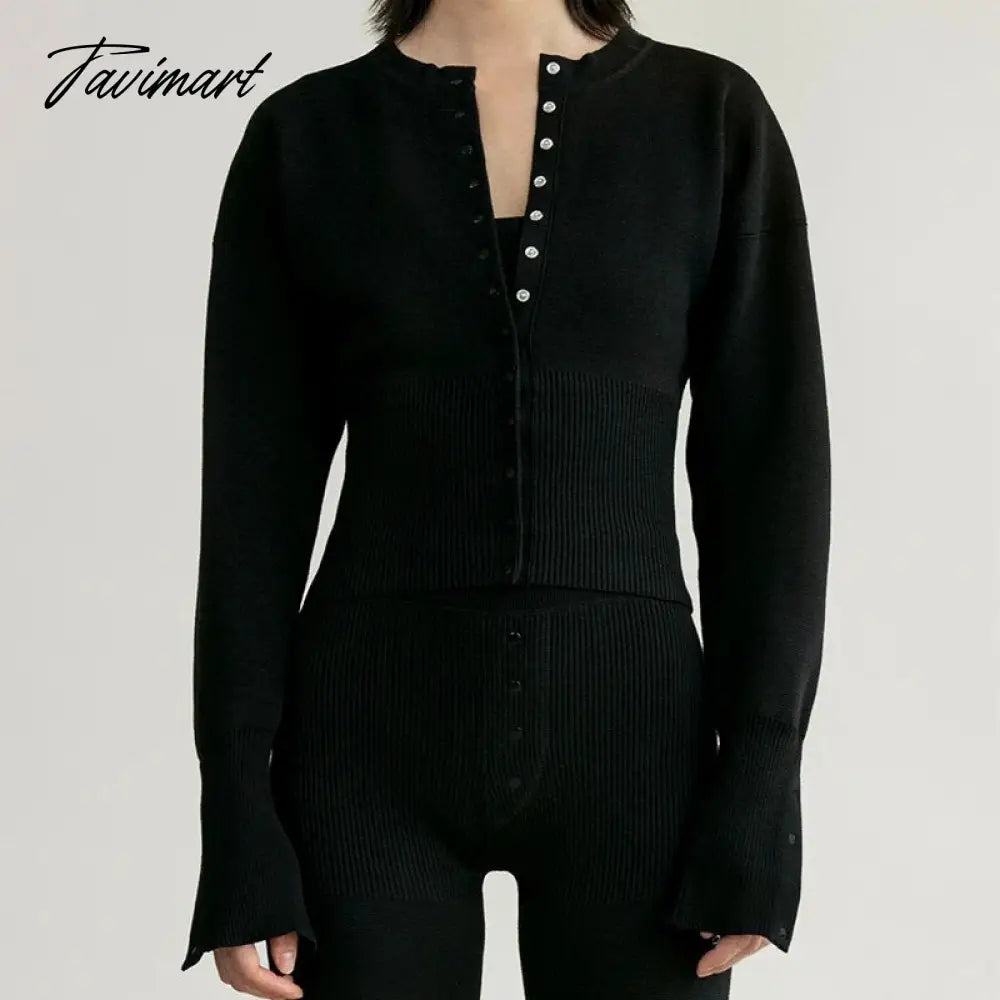 Women Ribbed Knit Cardigan T-shirt Long Sleeve O-neck Slim Fit Button Crop Top New Fashion Female Clothes Trendy Streetwear