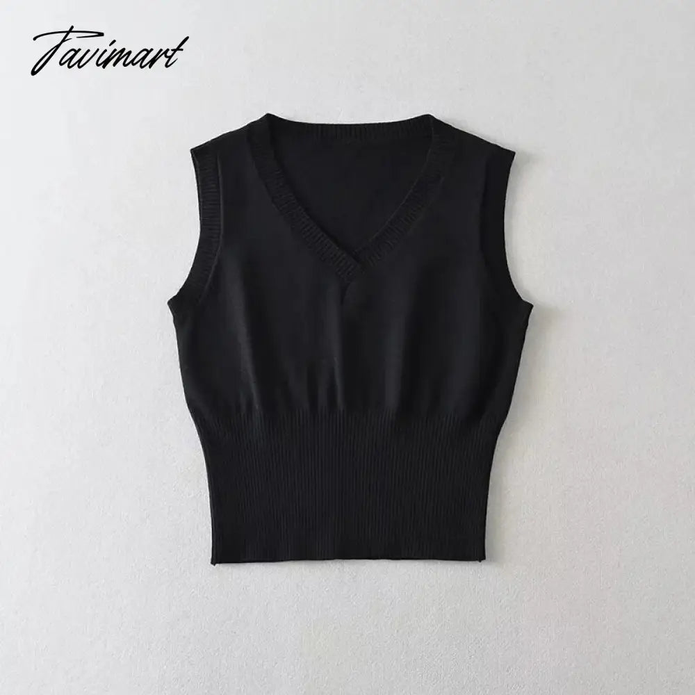Women Ribbed Trims Knitted Crop Sweater Vest