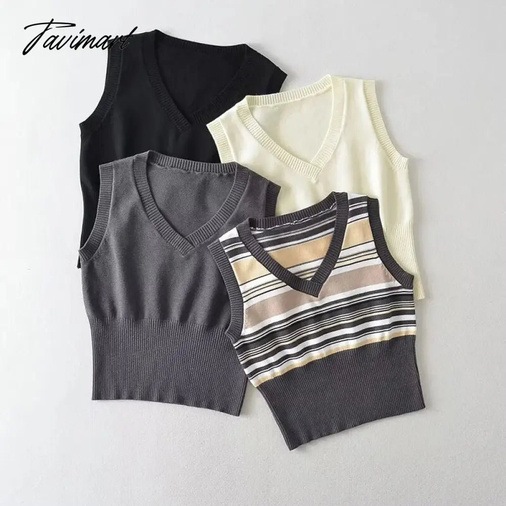 Women Ribbed Trims Knitted Crop Sweater Vest
