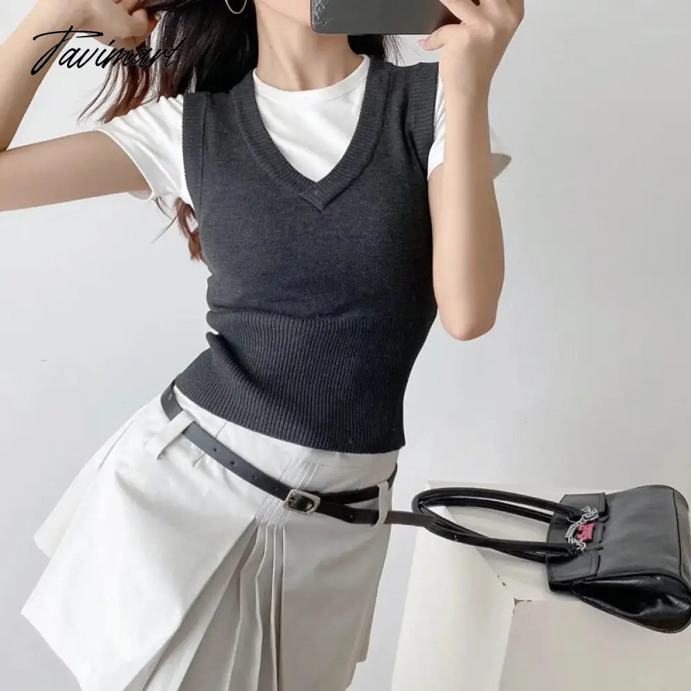 Women Ribbed Trims Knitted Crop Sweater Vest