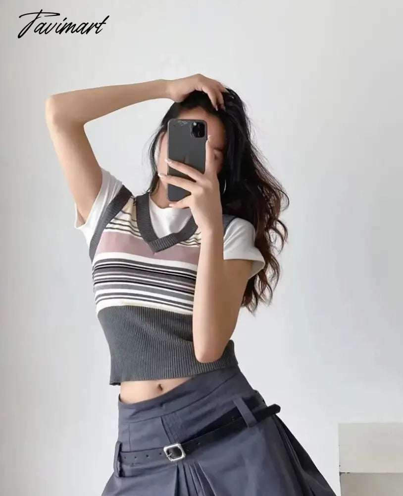 Women Ribbed Trims Knitted Crop Sweater Vest
