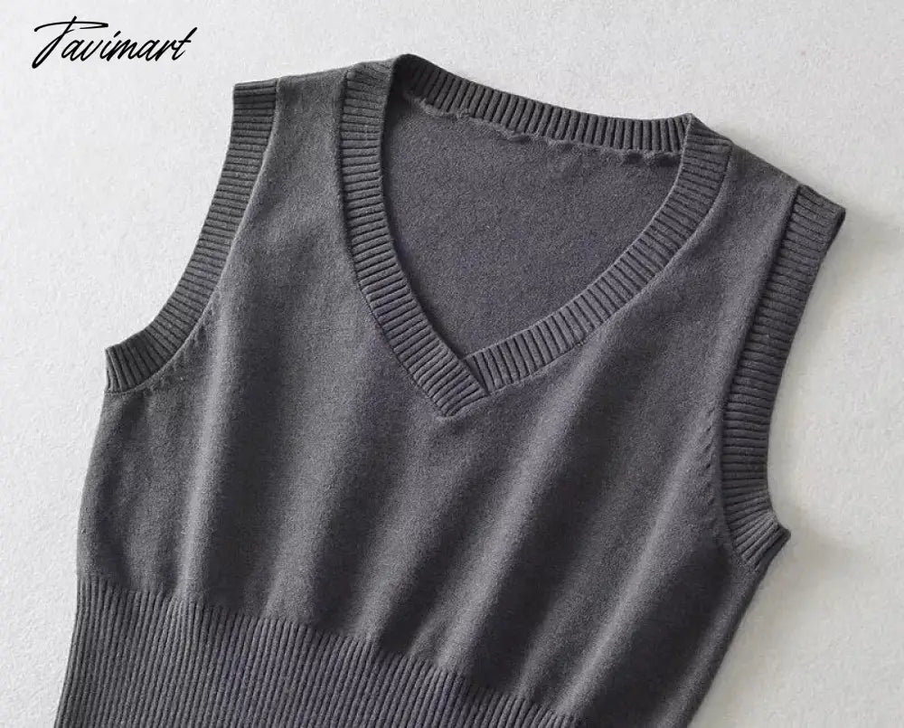 Women Ribbed Trims Knitted Crop Sweater Vest