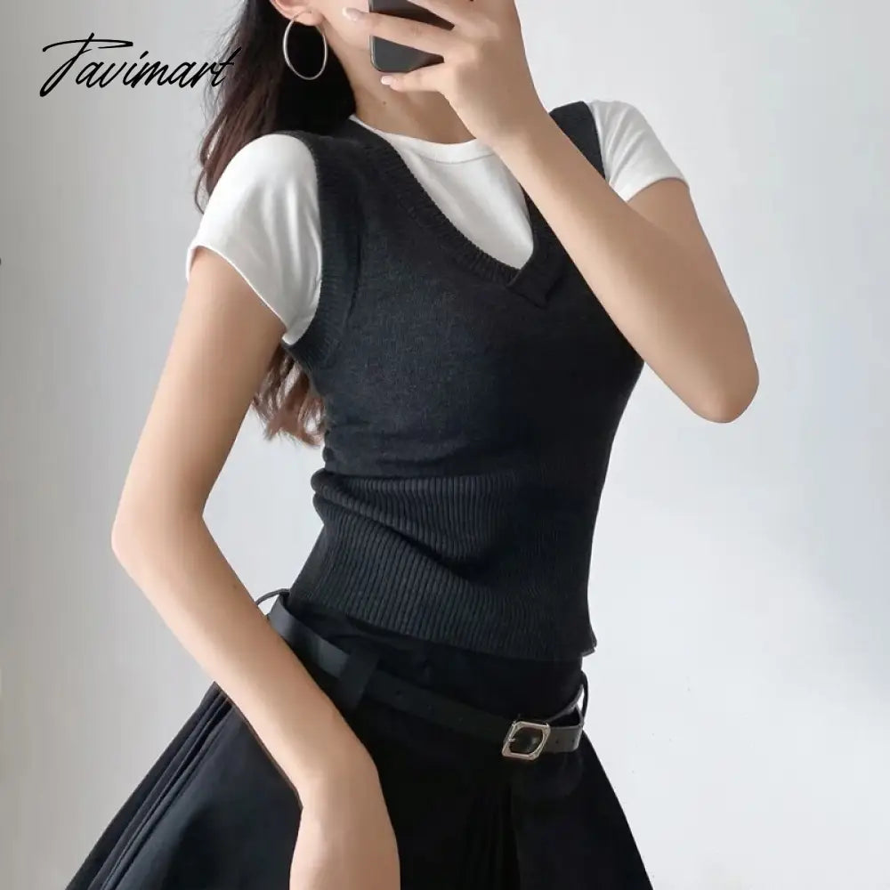 Women Ribbed Trims Knitted Crop Sweater Vest