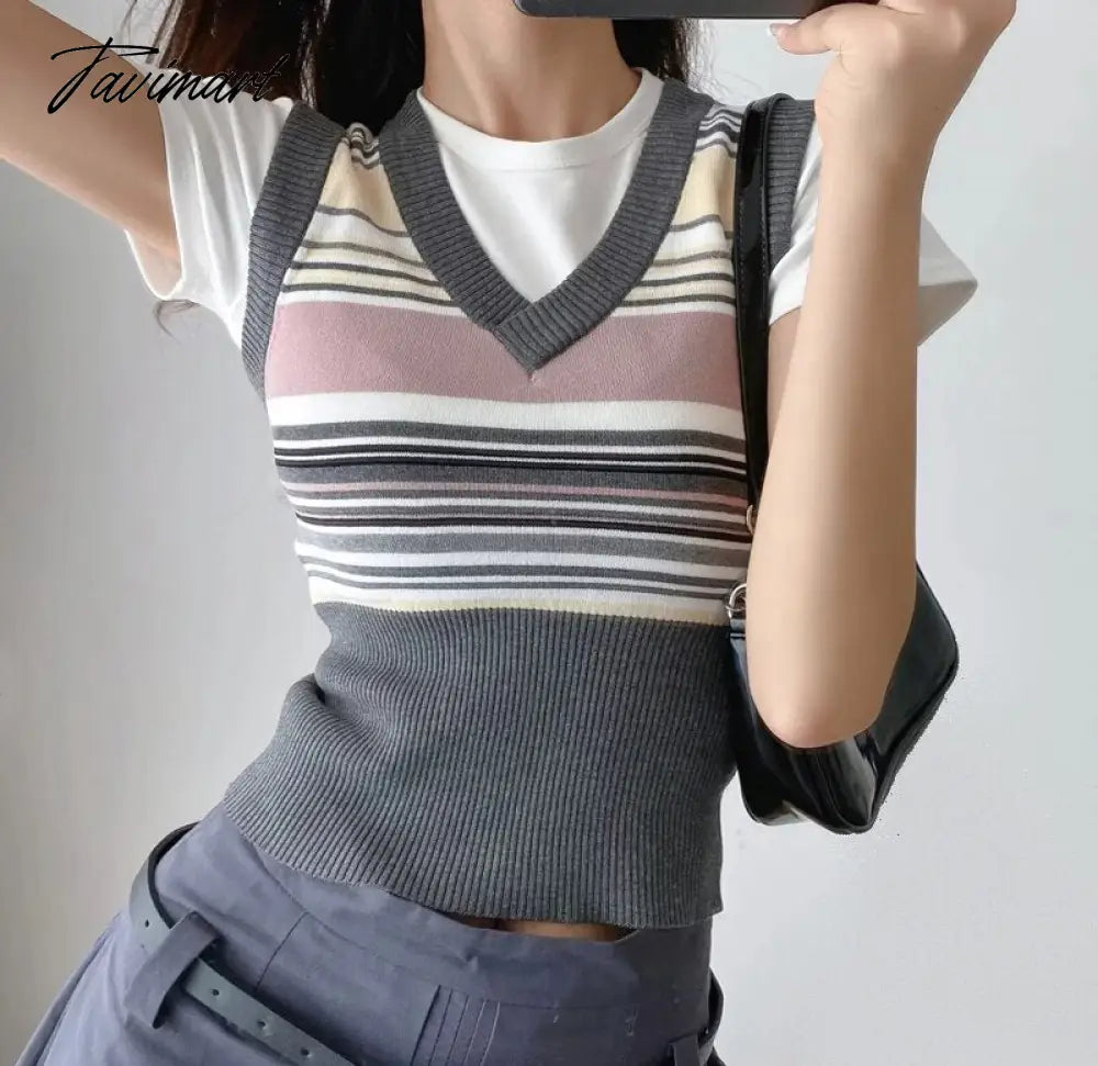 Women Ribbed Trims Knitted Crop Sweater Vest