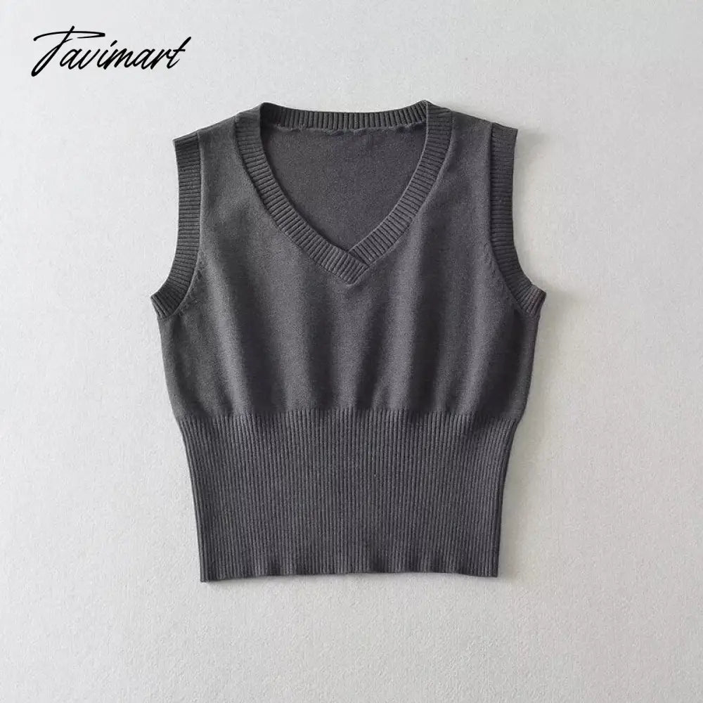 Women Ribbed Trims Knitted Crop Sweater Vest