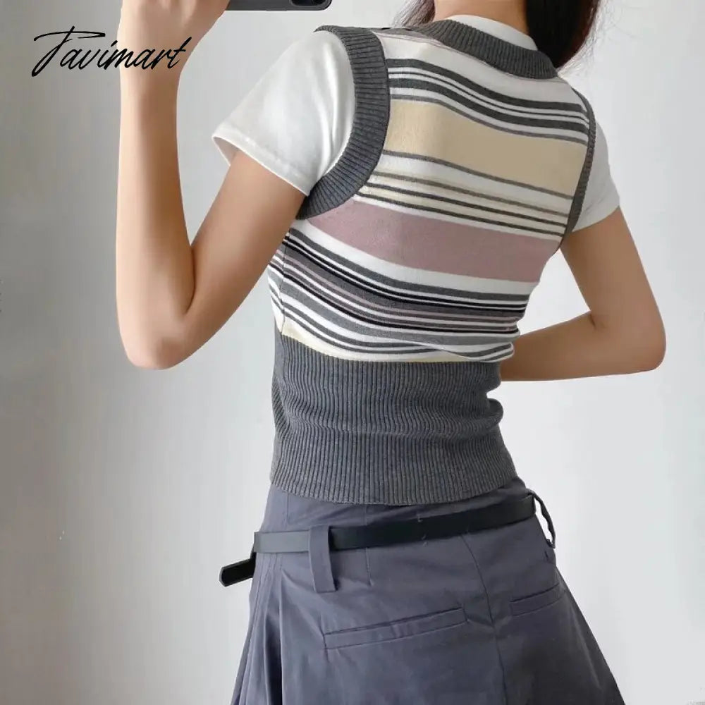 Women Ribbed Trims Knitted Crop Sweater Vest