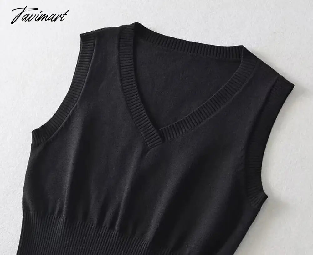 Women Ribbed Trims Knitted Crop Sweater Vest