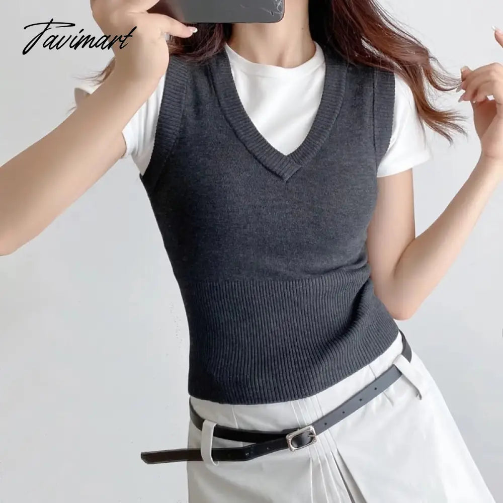 Women Ribbed Trims Knitted Crop Sweater Vest