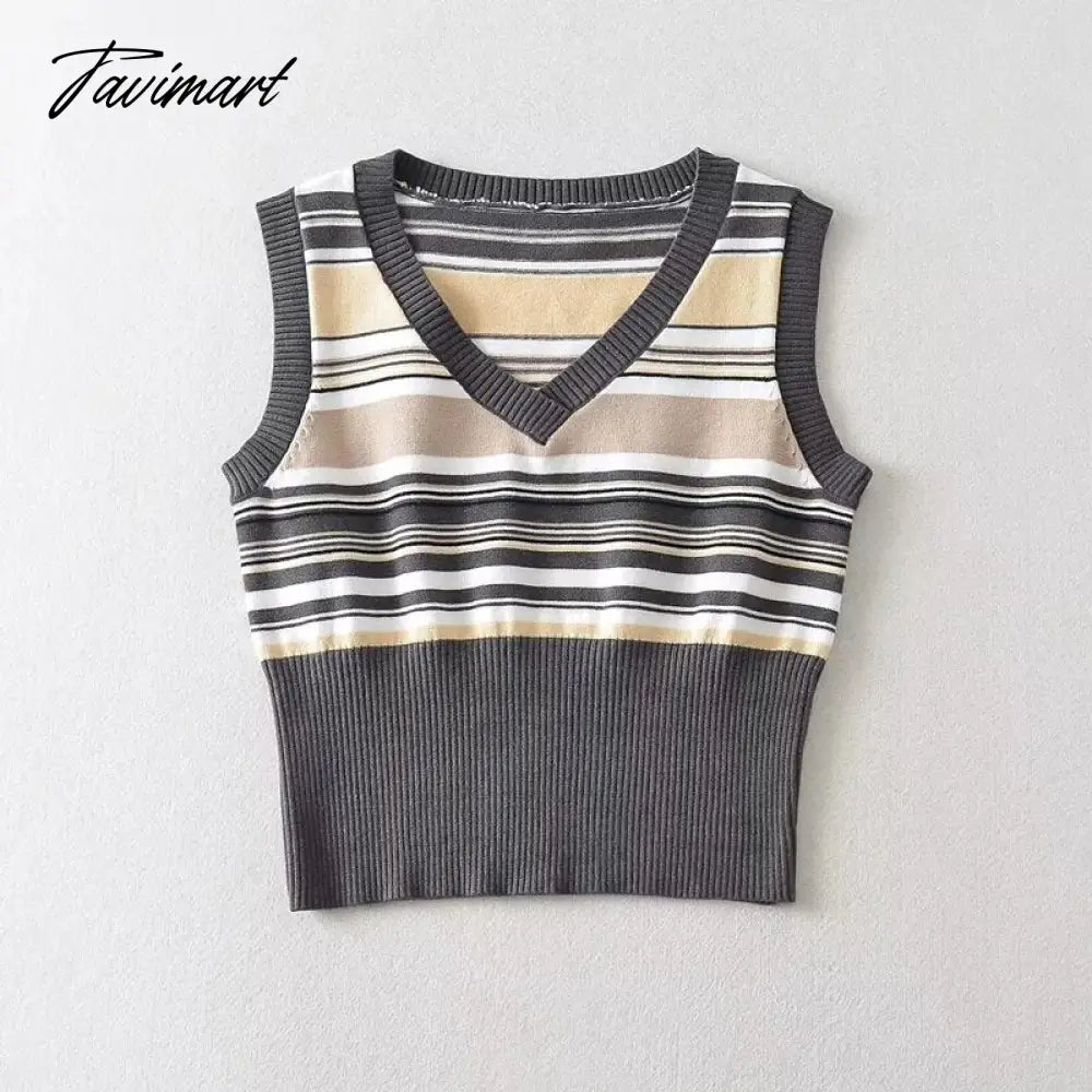 Women Ribbed Trims Knitted Crop Sweater Vest