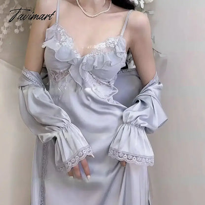 Women's Autumn Night Gown 2 Pieces Set Silk Like Long Sleeve Ladies Sexy Dressing Gown Lace Patchwork Satin Bathrobe for Female