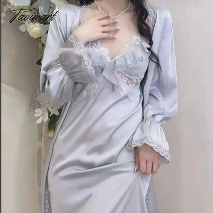 Women's Autumn Night Gown 2 Pieces Set Silk Like Long Sleeve Ladies Sexy Dressing Gown Lace Patchwork Satin Bathrobe for Female