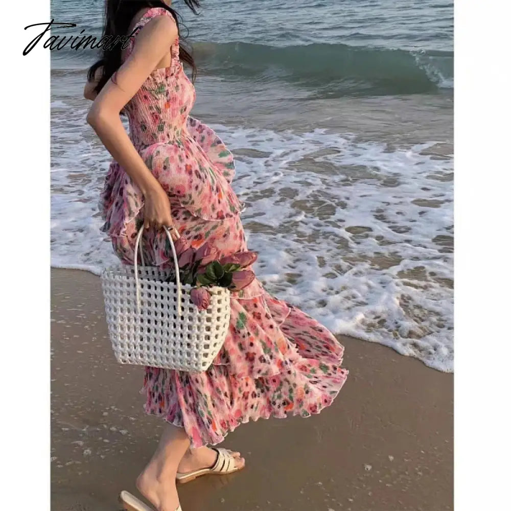 Women's Beach Dress Summer French Style Super-Fairy Floral Strap Dress Seaside Vacation Pettiskirt