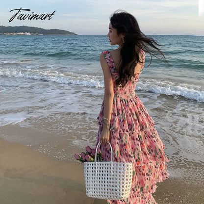 Women's Beach Dress Summer French Style Super-Fairy Floral Strap Dress Seaside Vacation Pettiskirt