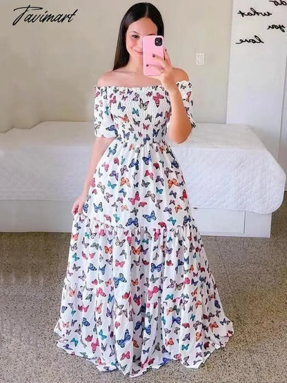 Women's Butterfly Summer Dress Tube Top Short Sleeve Ruffle Hem A Line Date Night Robes Vacation Bohemian Maxi Dresses XXXL
