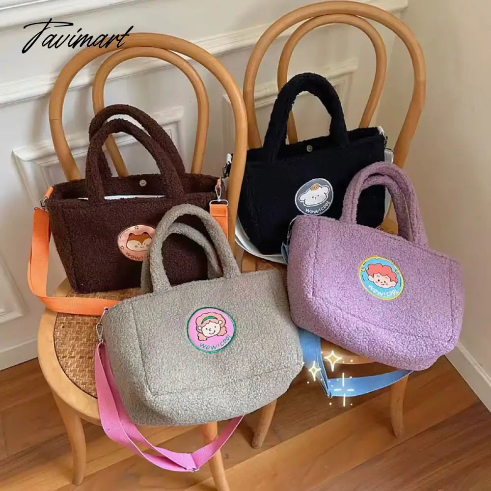 Women's Cartoon Lamb Down Shoulder Bag Large Capacity Crossbody Bags Plush Cute Handheld Tote Trendy Handbag