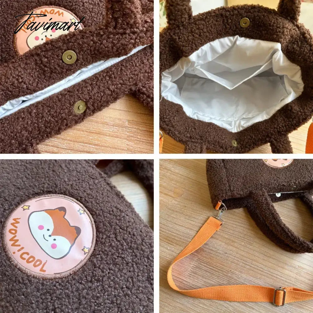 Women's Cartoon Lamb Down Shoulder Bag Large Capacity Crossbody Bags Plush Cute Handheld Tote Trendy Handbag