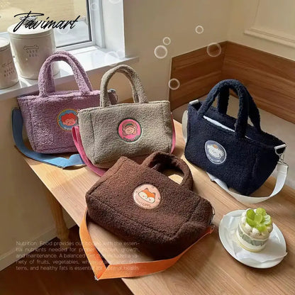 Women's Cartoon Lamb Down Shoulder Bag Large Capacity Crossbody Bags Plush Cute Handheld Tote Trendy Handbag
