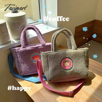 Women's Cartoon Lamb Down Shoulder Bag Large Capacity Crossbody Bags Plush Cute Handheld Tote Trendy Handbag