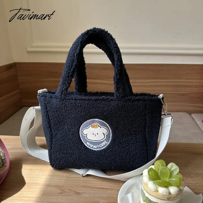 Women's Cartoon Lamb Down Shoulder Bag Large Capacity Crossbody Bags Plush Cute Handheld Tote Trendy Handbag