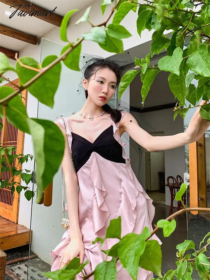 Women's Clothing Dress Tea Break French Kikyo Small Fragrance Royal Sister Skirt Sexy Spicy Girls Black Pink Splice Sling Dress
