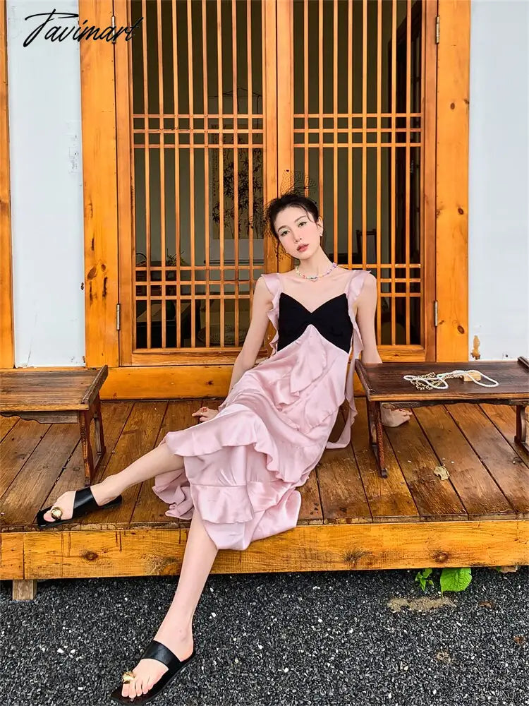 Women's Clothing Dress Tea Break French Kikyo Small Fragrance Royal Sister Skirt Sexy Spicy Girls Black Pink Splice Sling Dress