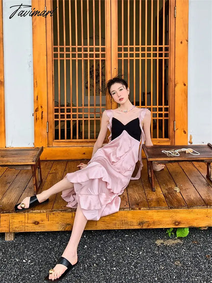 Women's Clothing Dress Tea Break French Kikyo Small Fragrance Royal Sister Skirt Sexy Spicy Girls Black Pink Splice Sling Dress