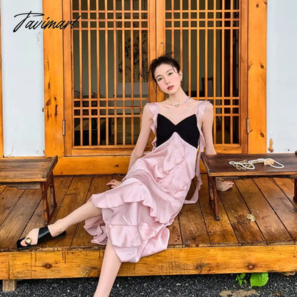 Women's Clothing Dress Tea Break French Kikyo Small Fragrance Royal Sister Skirt Sexy Spicy Girls Black Pink Splice Sling Dress