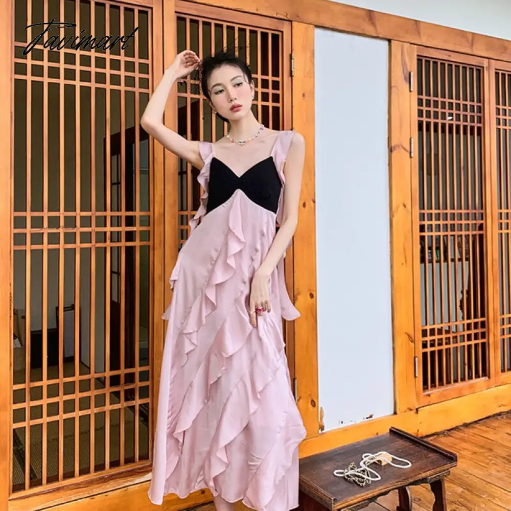 Women's Clothing Dress Tea Break French Kikyo Small Fragrance Royal Sister Skirt Sexy Spicy Girls Black Pink Splice Sling Dress