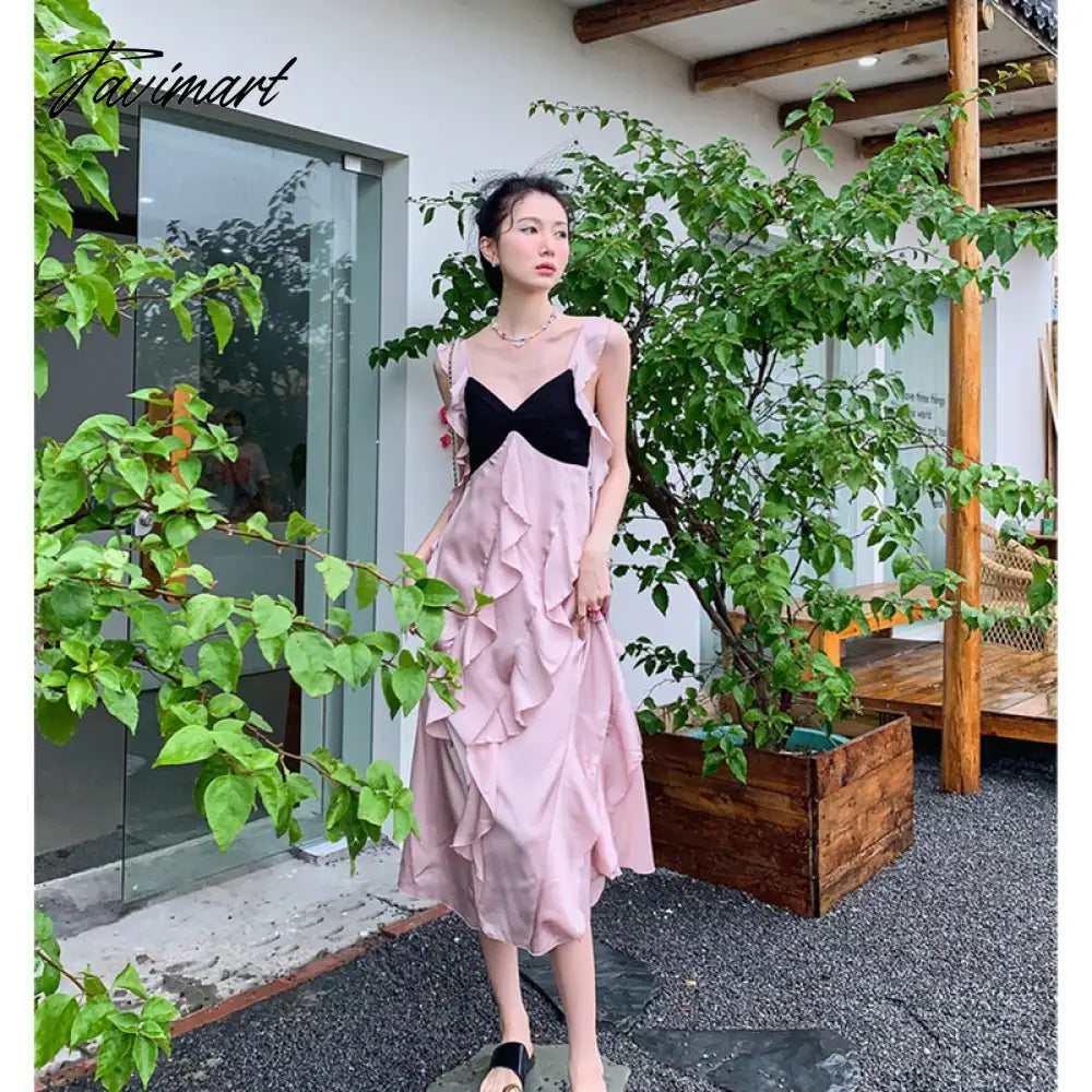 Women's Clothing Dress Tea Break French Kikyo Small Fragrance Royal Sister Skirt Sexy Spicy Girls Black Pink Splice Sling Dress