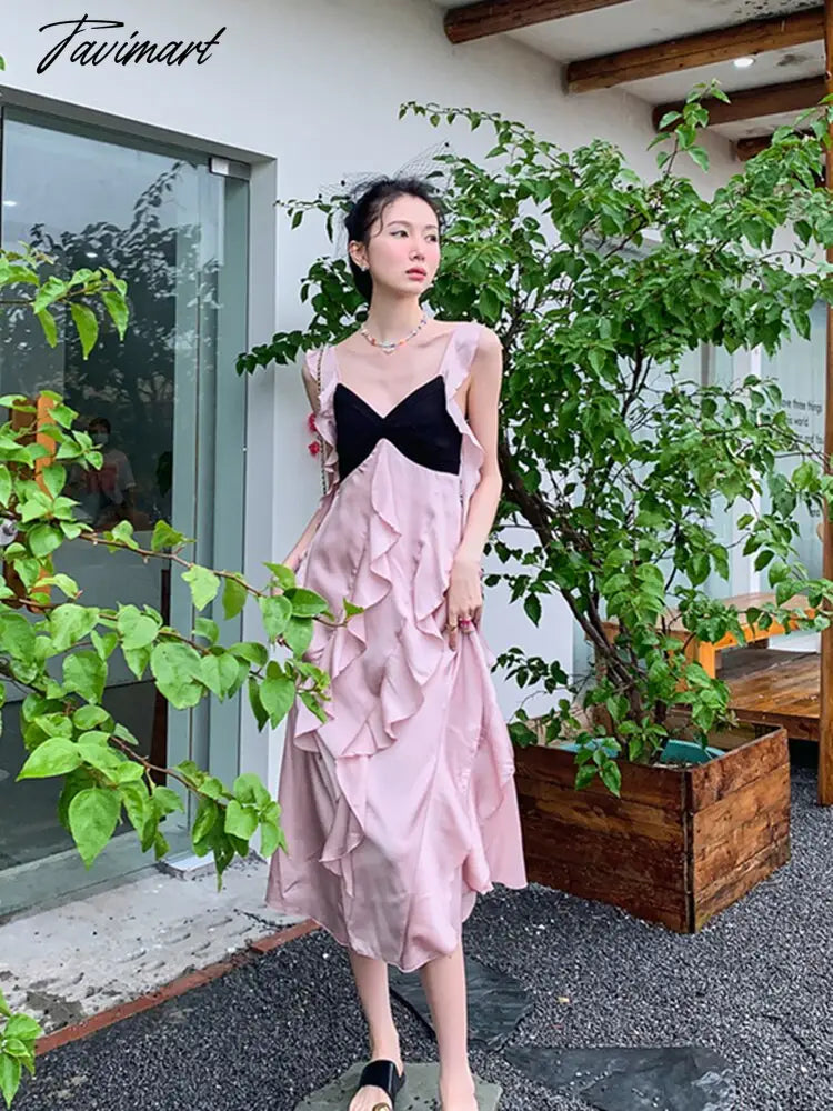 Women's Clothing Dress Tea Break French Kikyo Small Fragrance Royal Sister Skirt Sexy Spicy Girls Black Pink Splice Sling Dress