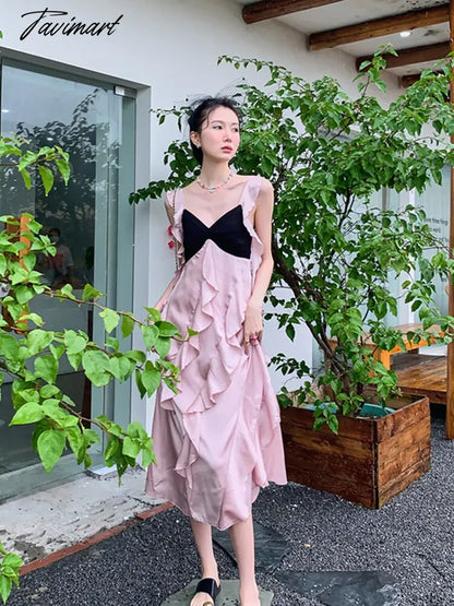 Women's Clothing Dress Tea Break French Kikyo Small Fragrance Royal Sister Skirt Sexy Spicy Girls Black Pink Splice Sling Dress