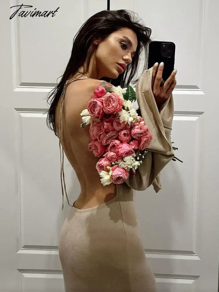 Women's Cut Out Knitted Backless Maxi Dress, Long Sleeve, Slit Long Dresses, Elegant, Party, Club, Fashion, Autumn Clothes, Sexy
