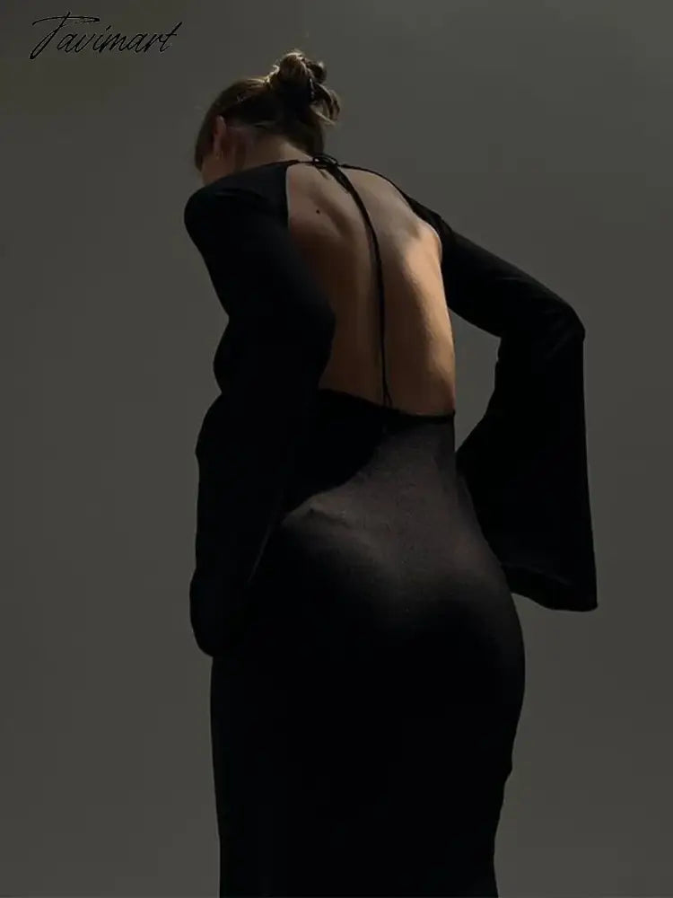 Women's Cut Out Knitted Backless Maxi Dress, Long Sleeve, Slit Long Dresses, Elegant, Party, Club, Fashion, Autumn Clothes, Sexy