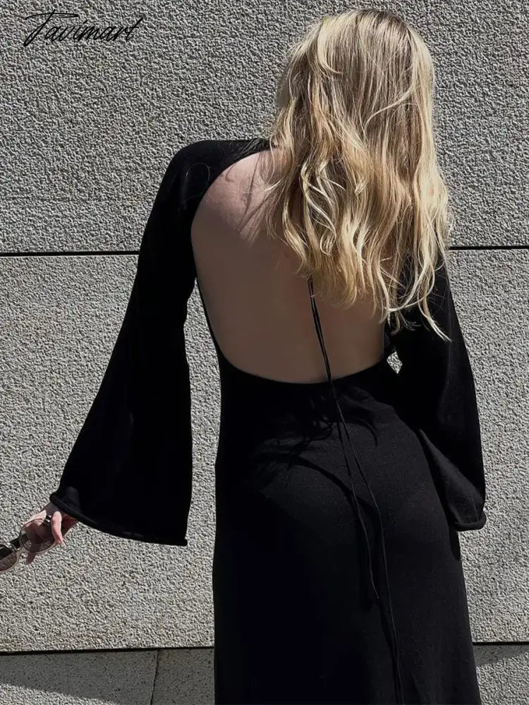 Women's Cut Out Knitted Backless Maxi Dress, Long Sleeve, Slit Long Dresses, Elegant, Party, Club, Fashion, Autumn Clothes, Sexy