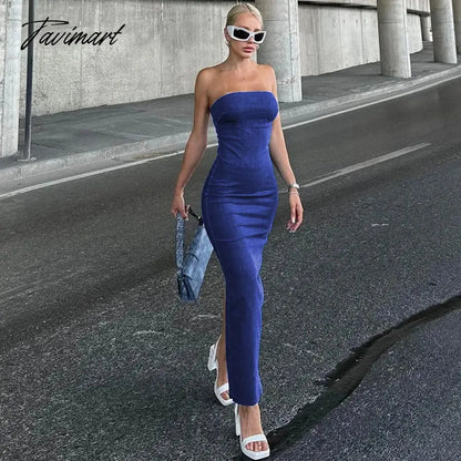 Women's denim long dress women's fashion sexy slit tube top long dress women's high street elegant party blue casual tight dress