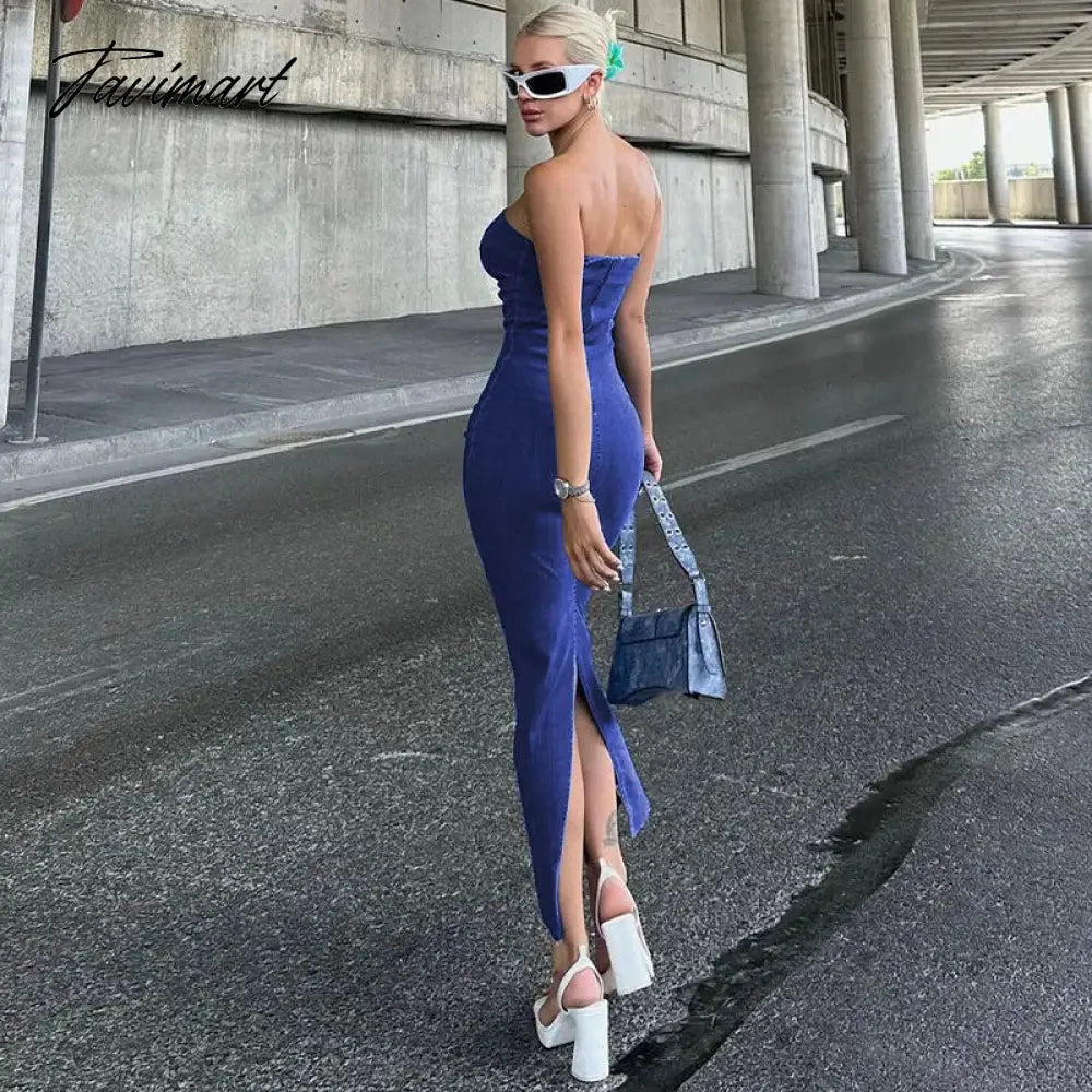 Women's denim long dress women's fashion sexy slit tube top long dress women's high street elegant party blue casual tight dress