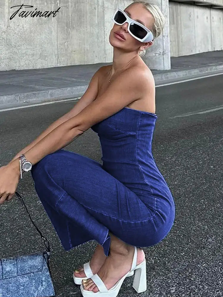Women's denim long dress women's fashion sexy slit tube top long dress women's high street elegant party blue casual tight dress